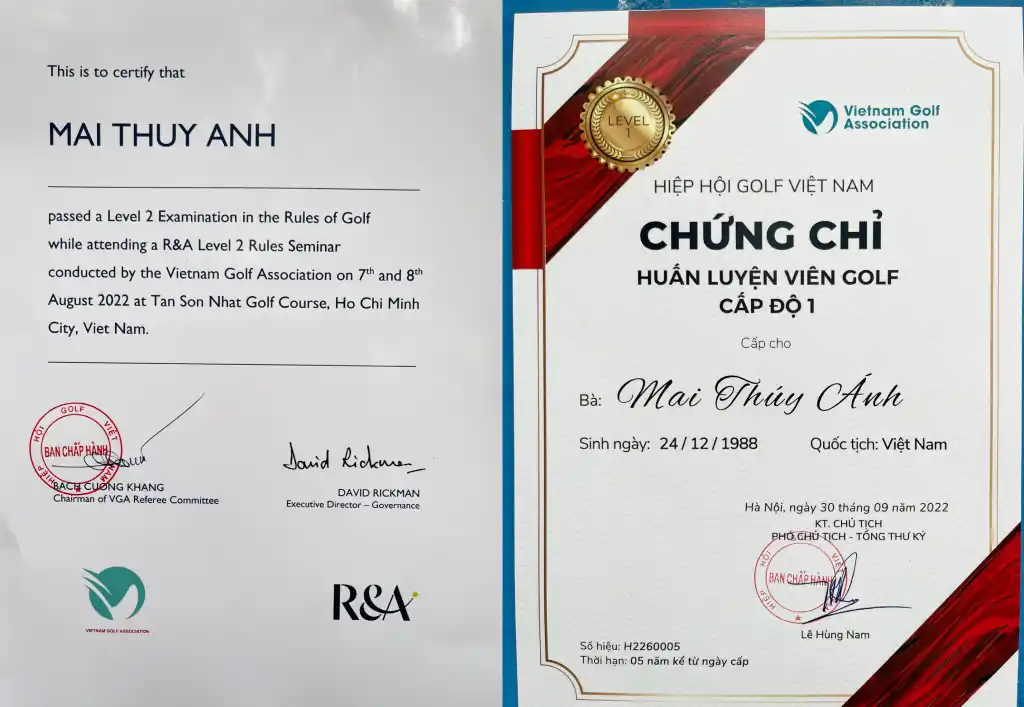 Chứng chỉ của HLV golf Mai Thúy Ánh