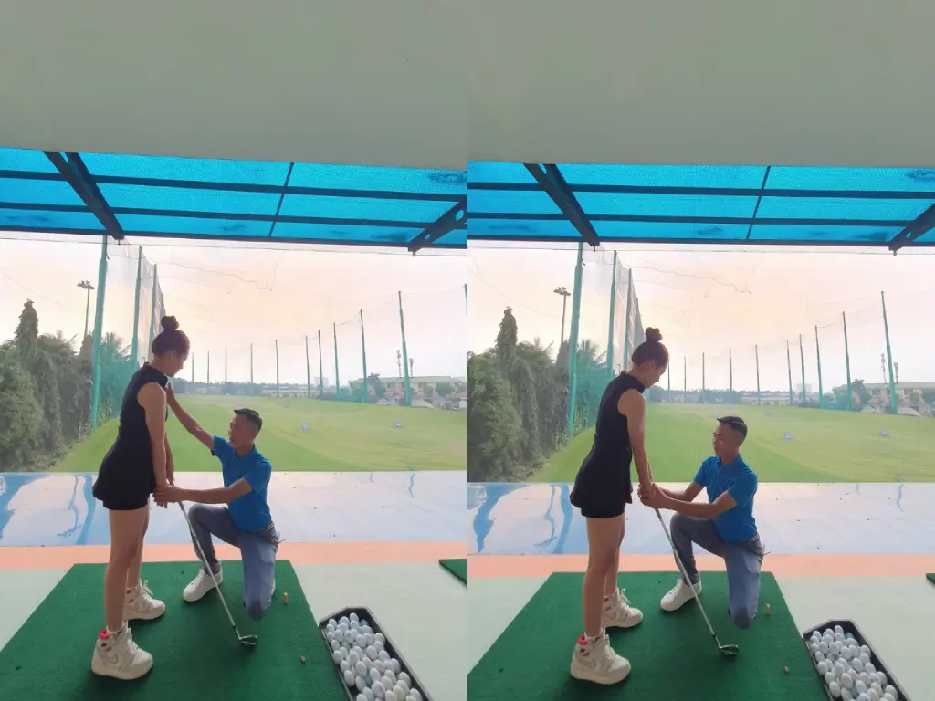 Thầy dạy golf Nguyễn Hữu Hoan cẩn thận, ưu tiên an toàn trong quá trình dạy học viên