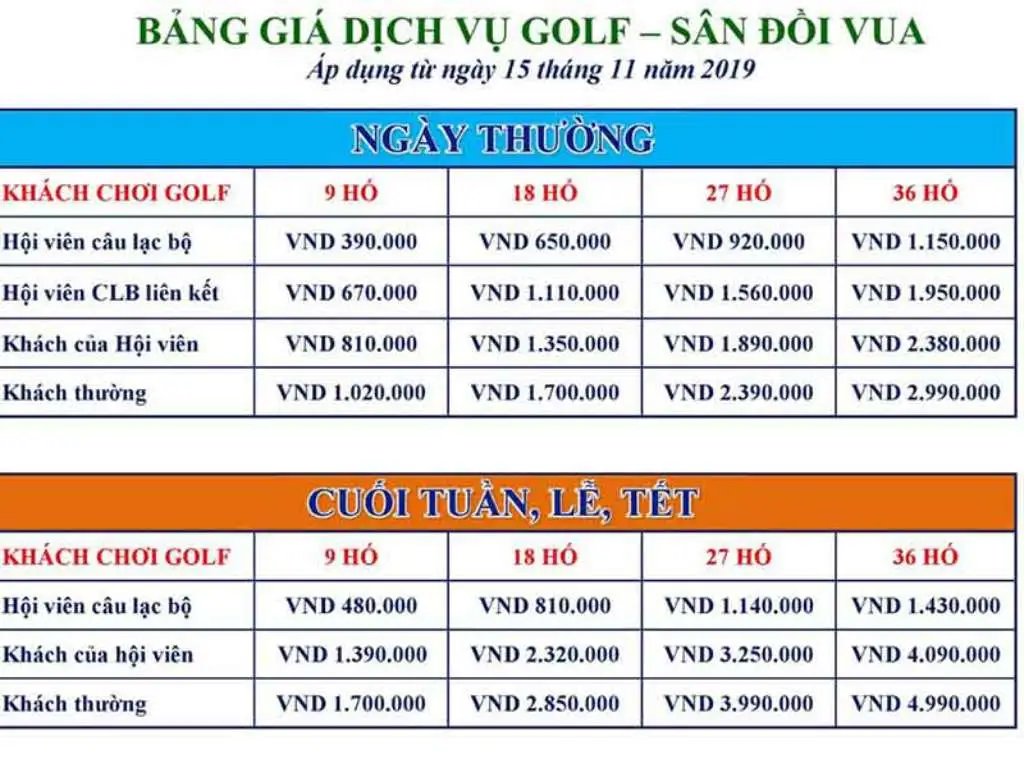 Bảng giá sân golf Hoàng Gia Ninh Bình